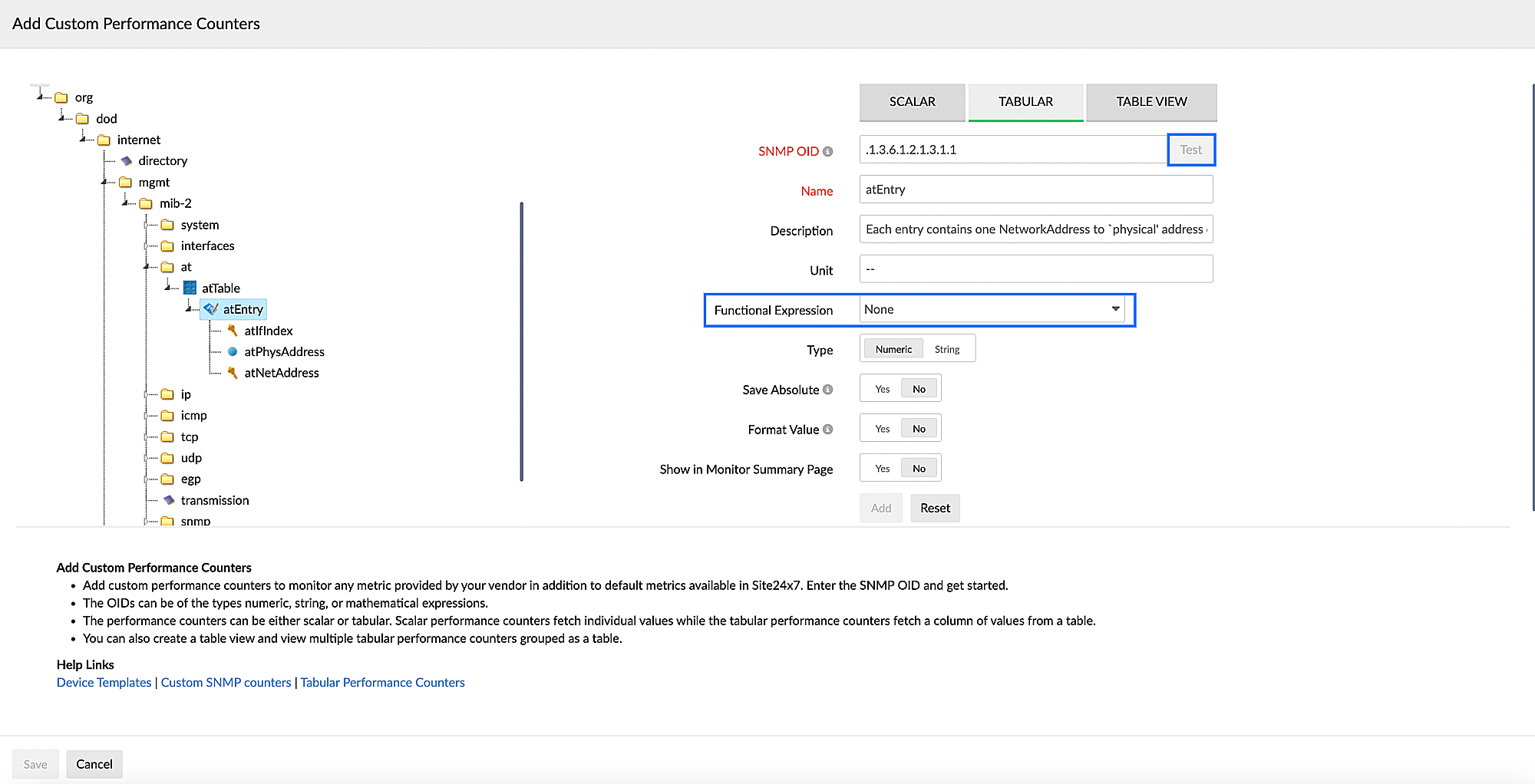 Adding tabular performance counters