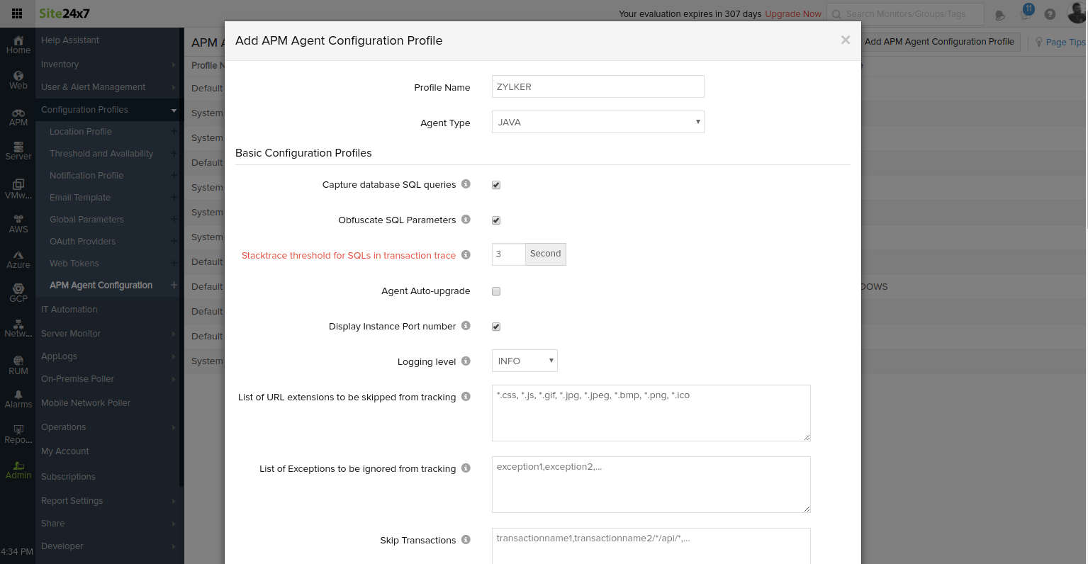 APM Insight Java agent configuration profile