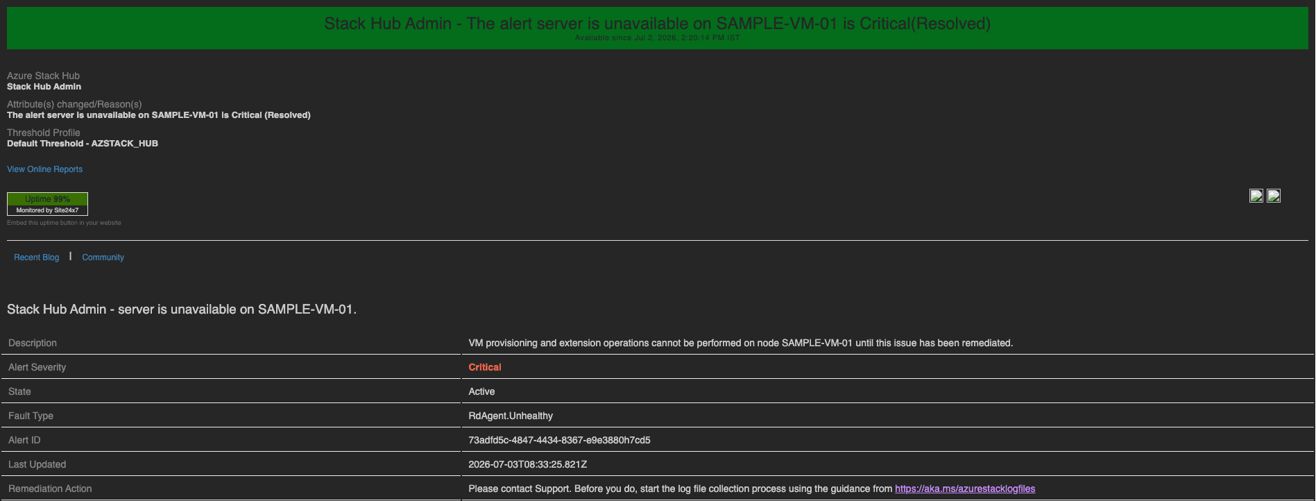 Stack Hub Monitor's alert sample