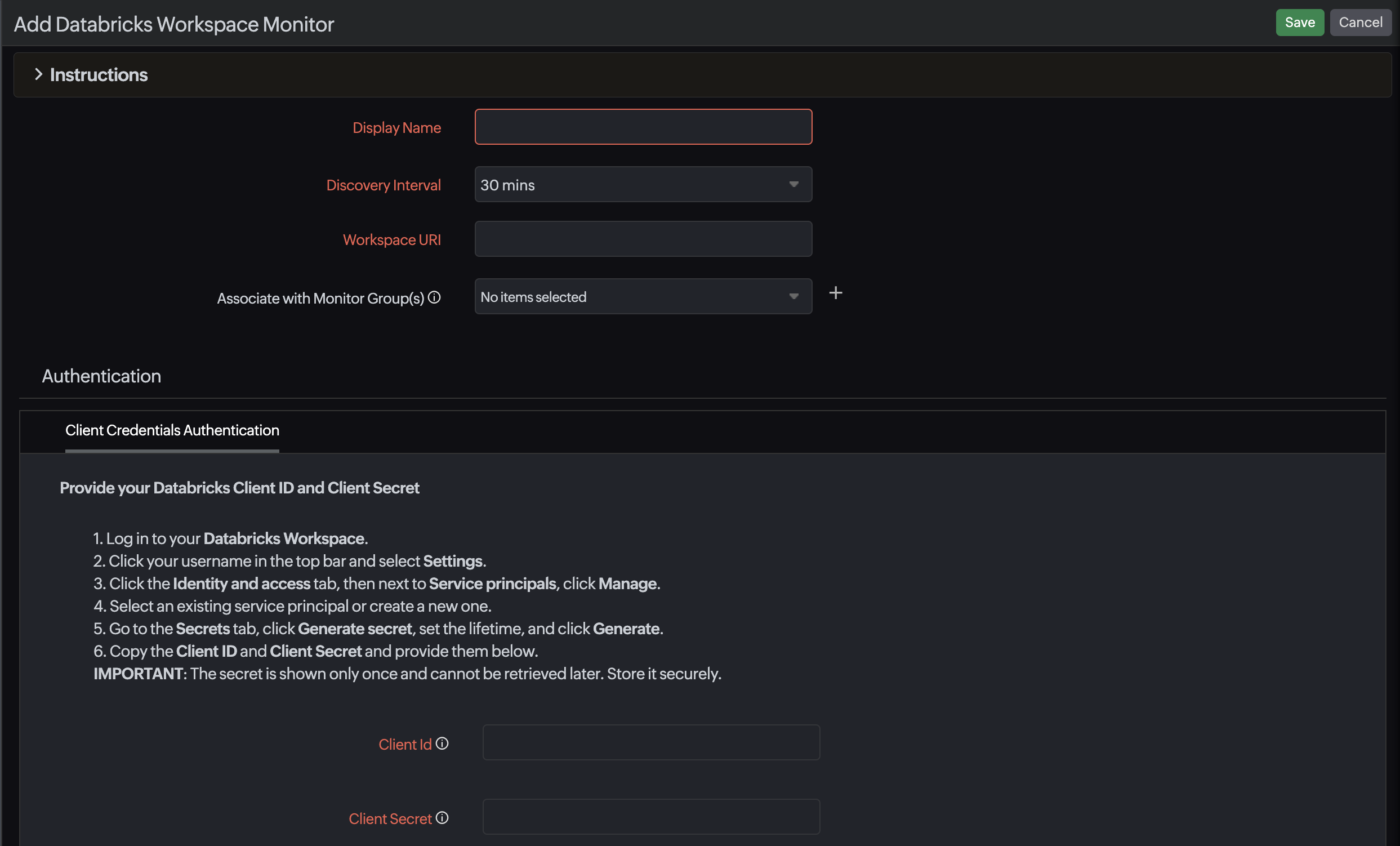 Add Monitor page of Databricks monitor Databricks monitors add page