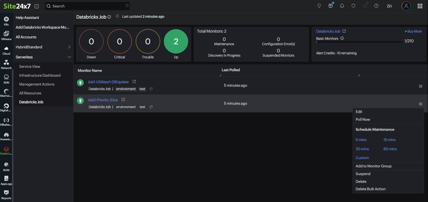 Databricks monitors list page Databricks monitors list
