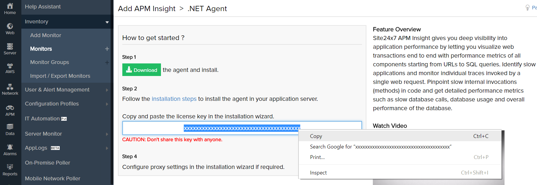 License key to install .NET Core agent