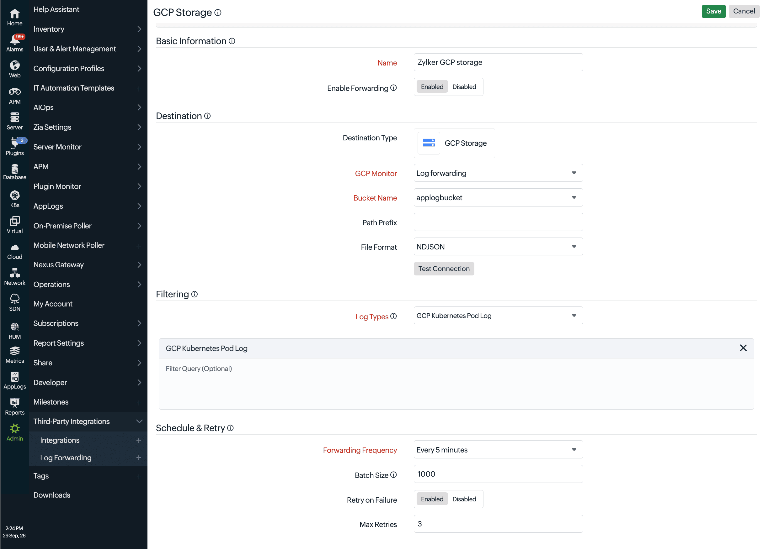 GCP storage log forwarding configuration
