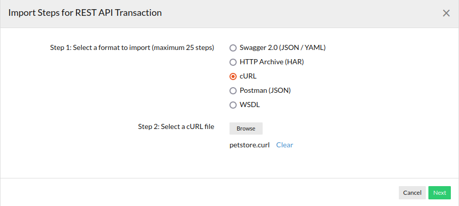 Importing rest api transaction steps using curl