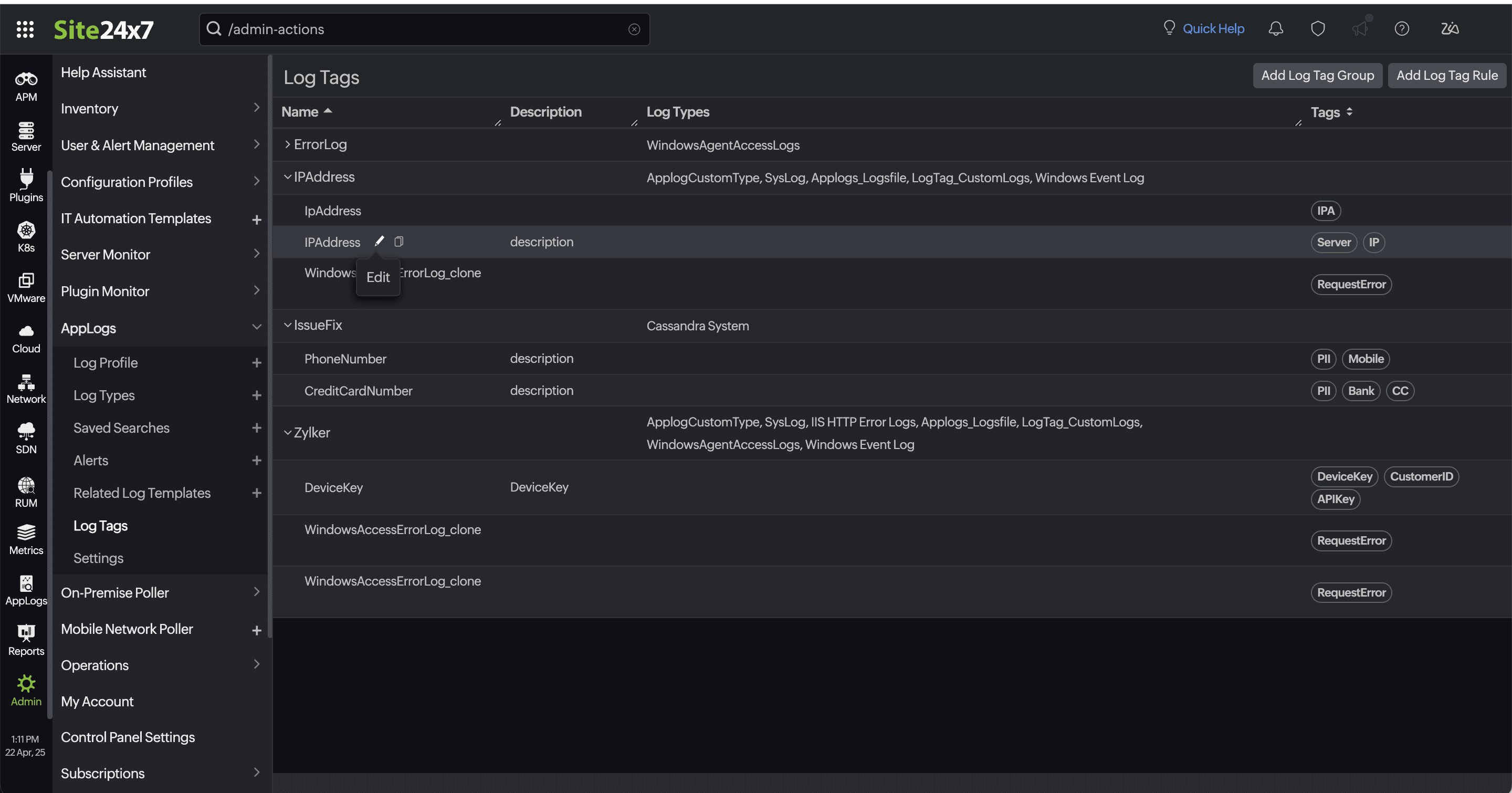 Edit Log tag log tag edit