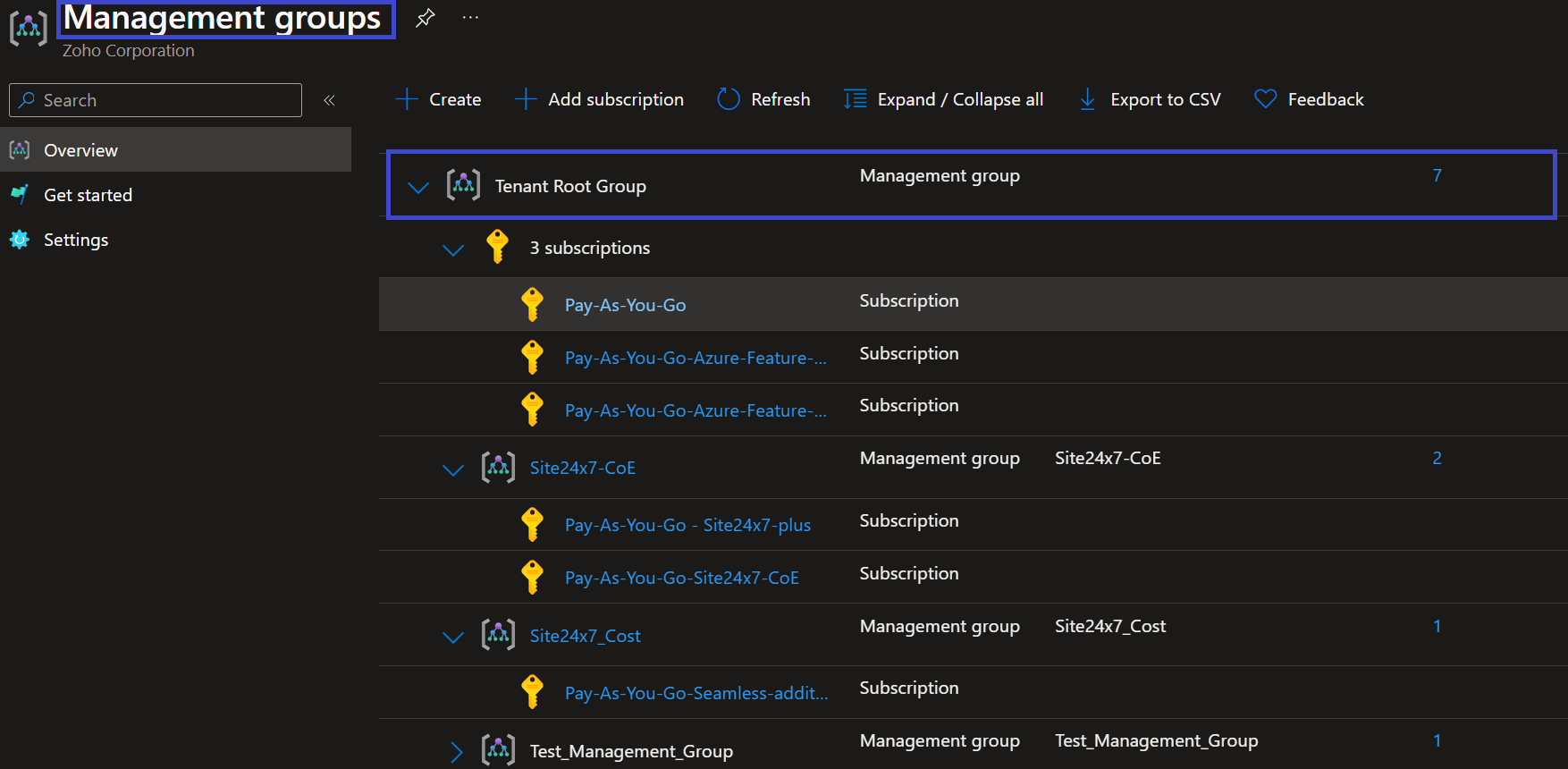 view in Azure portal in management group
