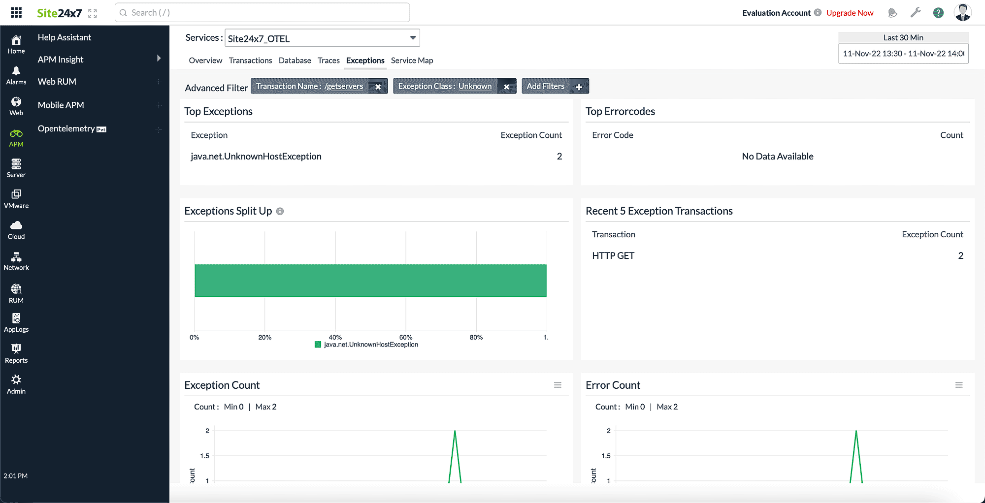 Advanced filter option in Exceptions tab of Opentelemetry