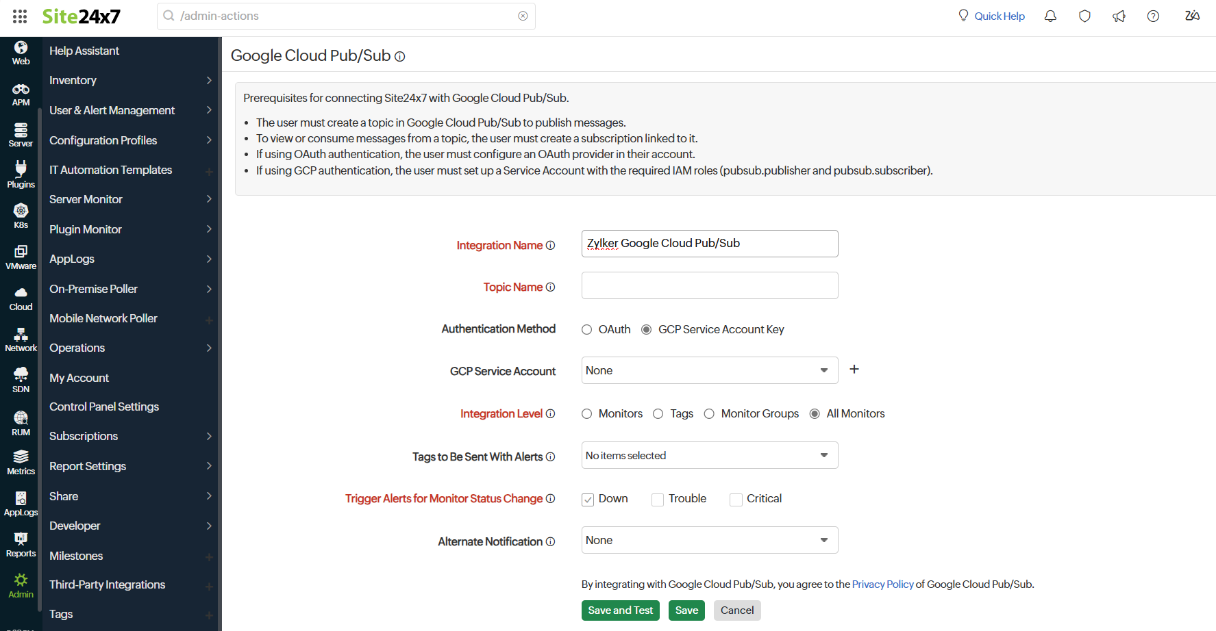 Google Cloud Pub/Sub integration page