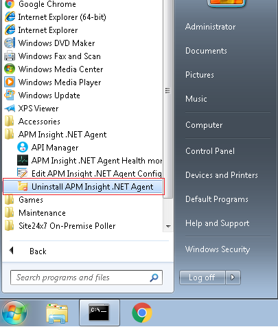 Uninstall APM Insight .NET agent using start menu