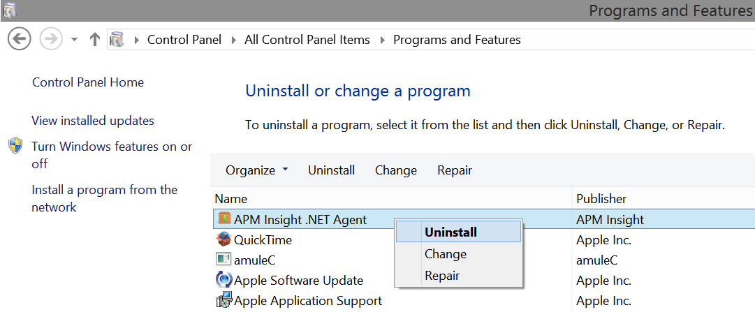 Uninstall APM Insight .NET agent using control panel