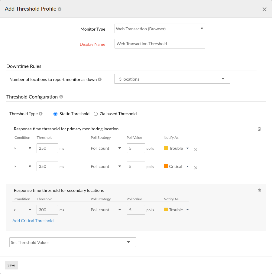 Configure threshold settings for a web transaction monitor