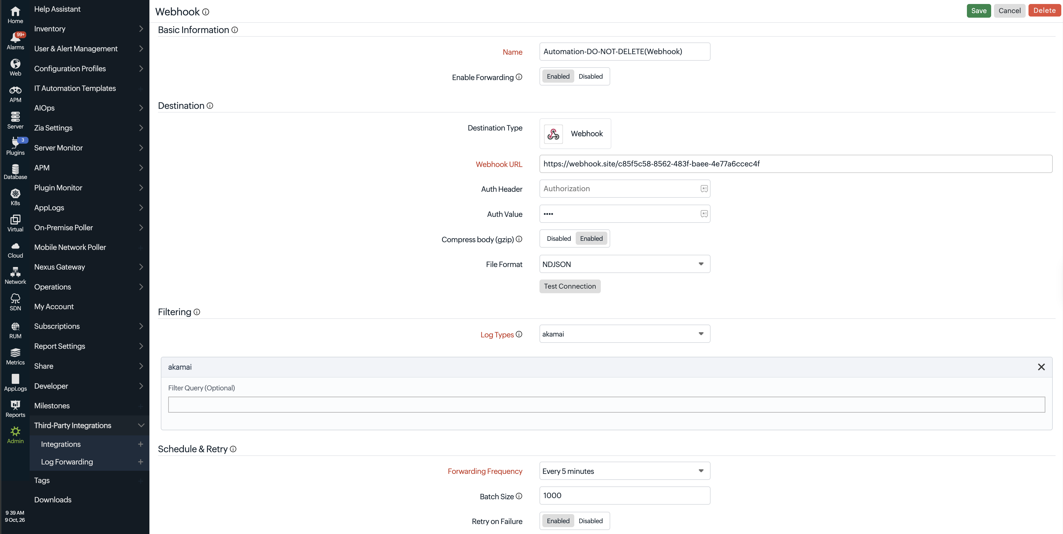 Webhook log forwarding configuration